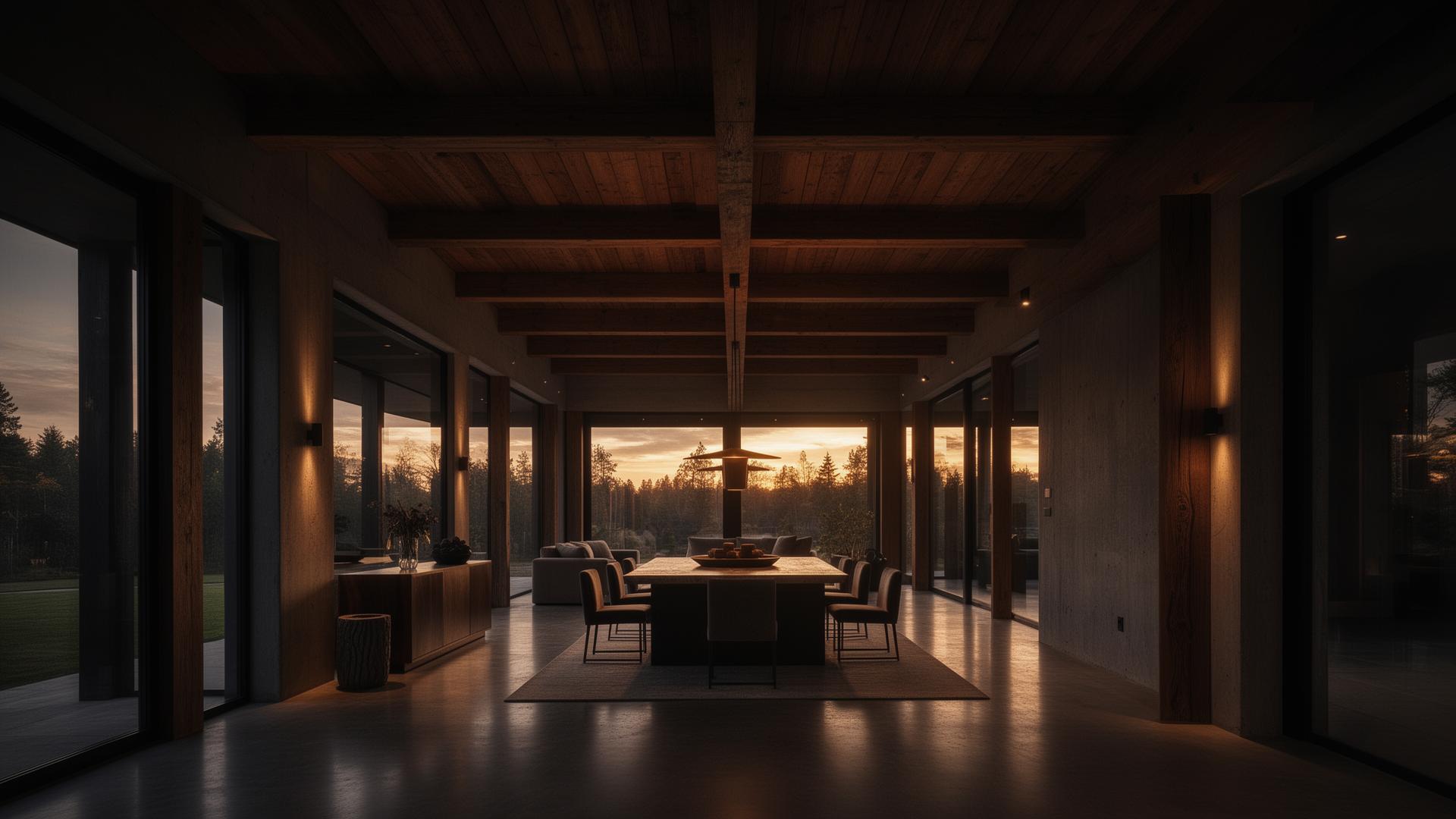 Architectural interior at dusk