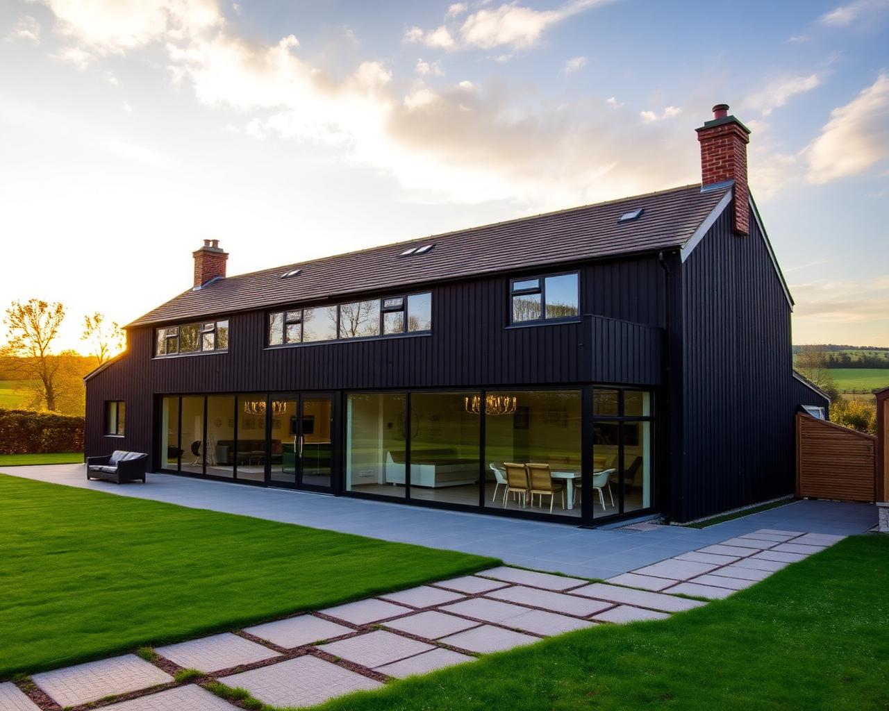 Modern black-clad extension at golden hour